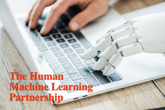 Human and Robot hand type on same keyboard - 2020-08-25 HR Examiner article John Sumser The Human Machine Learning Partnership photo img AdobeStock_205145568 544x363px.jpg